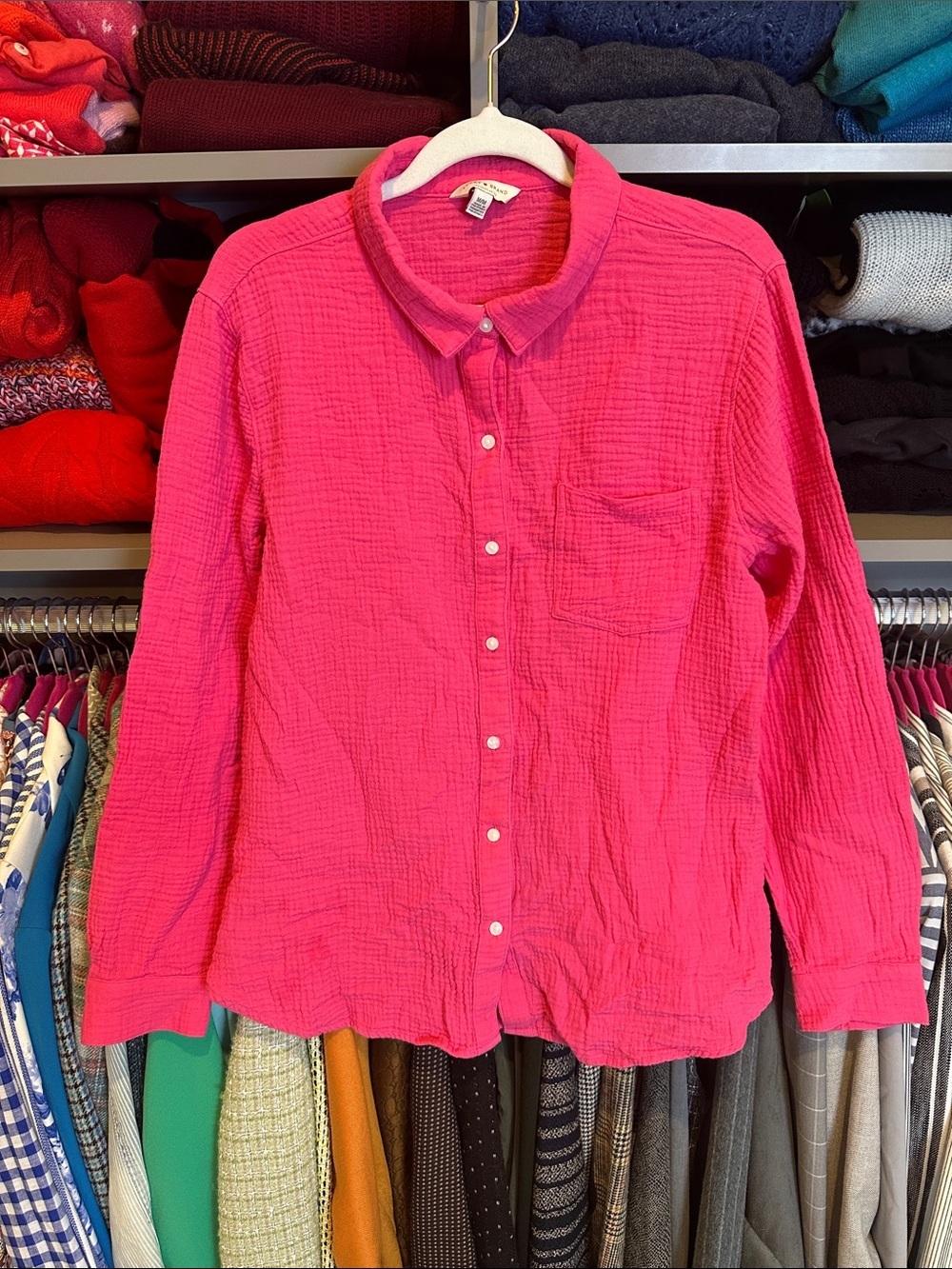Lucky Brand pink long sleeve back slit gauzy button down shirt size M